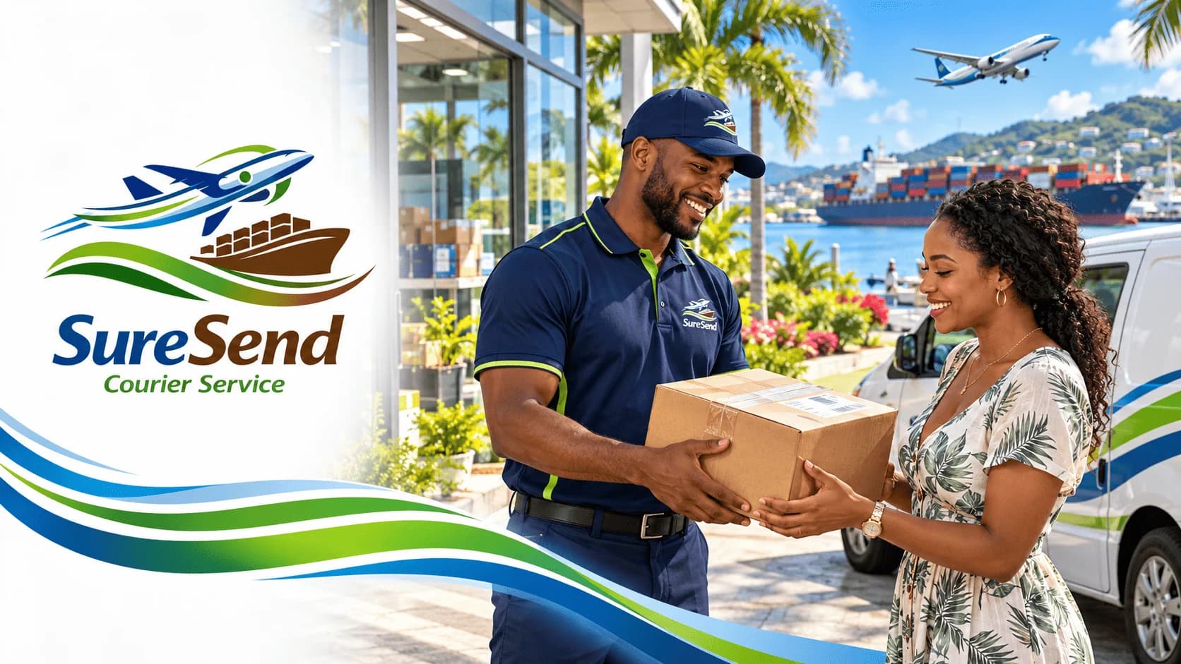 SureSend courier handing a package to a customer